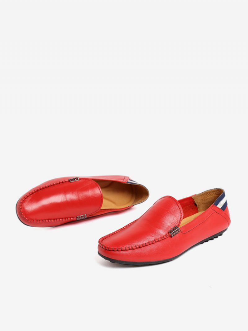 Mocassins Cuir Vache À Bout Rond Pour Hommes - Rouge