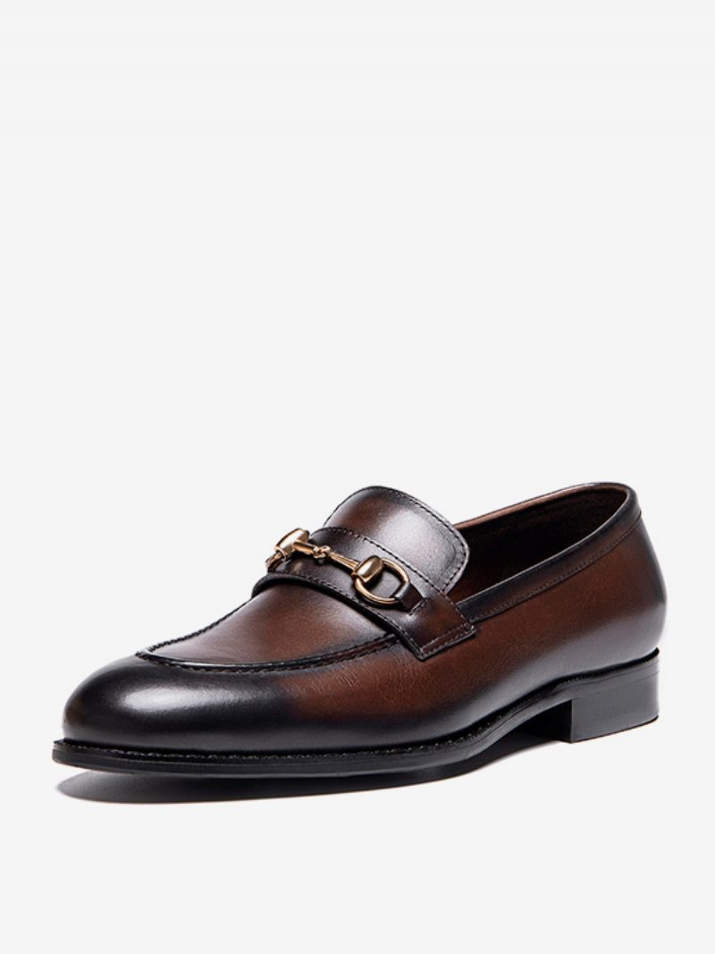 Mocassins Cuir Vache À Bout Rond Pour Hommes Chaussures Bal Promo Mariage - Marron Café