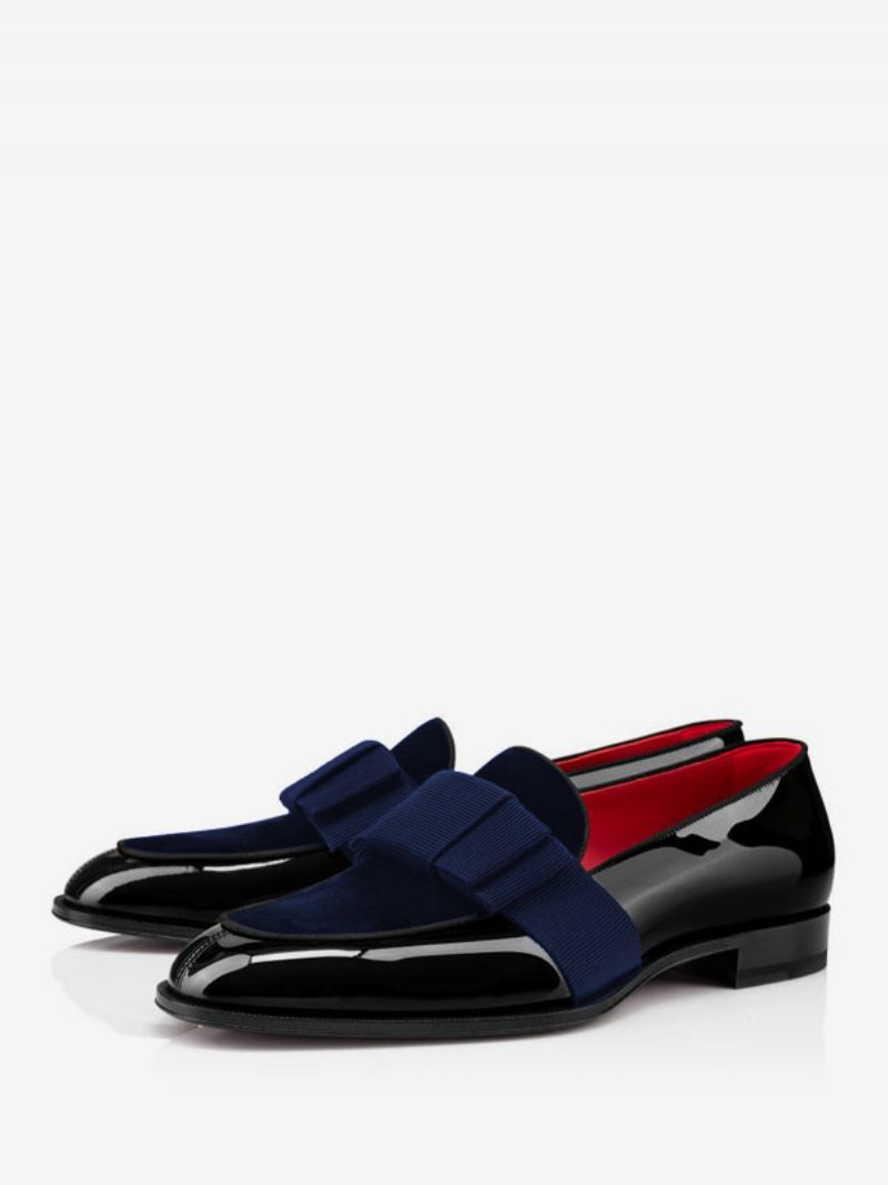 Mocassins Cuir Verni Avec Nœuds Pour Homme - Chaussures À Enfiler Bal Fin D'année Mariage - Bleu Profond