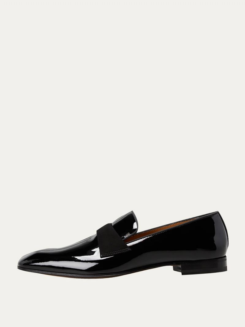 Mocassins Cuir Verni Noir Pour Hommes Bout Rond Chaussures Formelles À Enfiler Bal Fin D'année Mariage