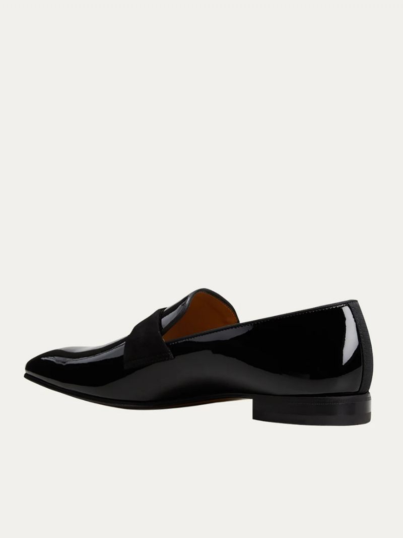 Mocassins Cuir Verni Noir Pour Hommes Bout Rond Chaussures Formelles À Enfiler Bal Fin D'année Mariage - Noir