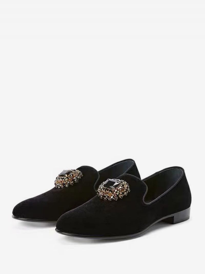 Mocassins Daim Pour Hommes Chaussures Habillées À Enfiler Ornées Strass Noirs Bal Promo Mariage