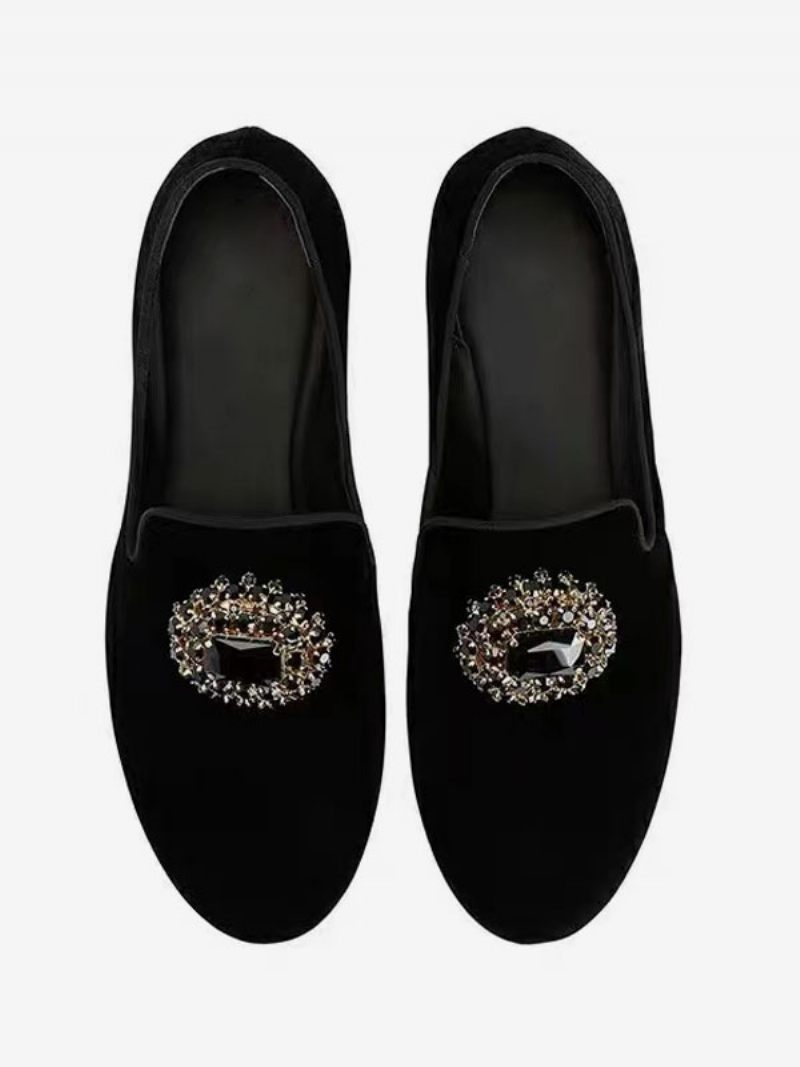 Mocassins Daim Pour Hommes Chaussures Habillées À Enfiler Ornées Strass Noirs Bal Promo Mariage - Noir