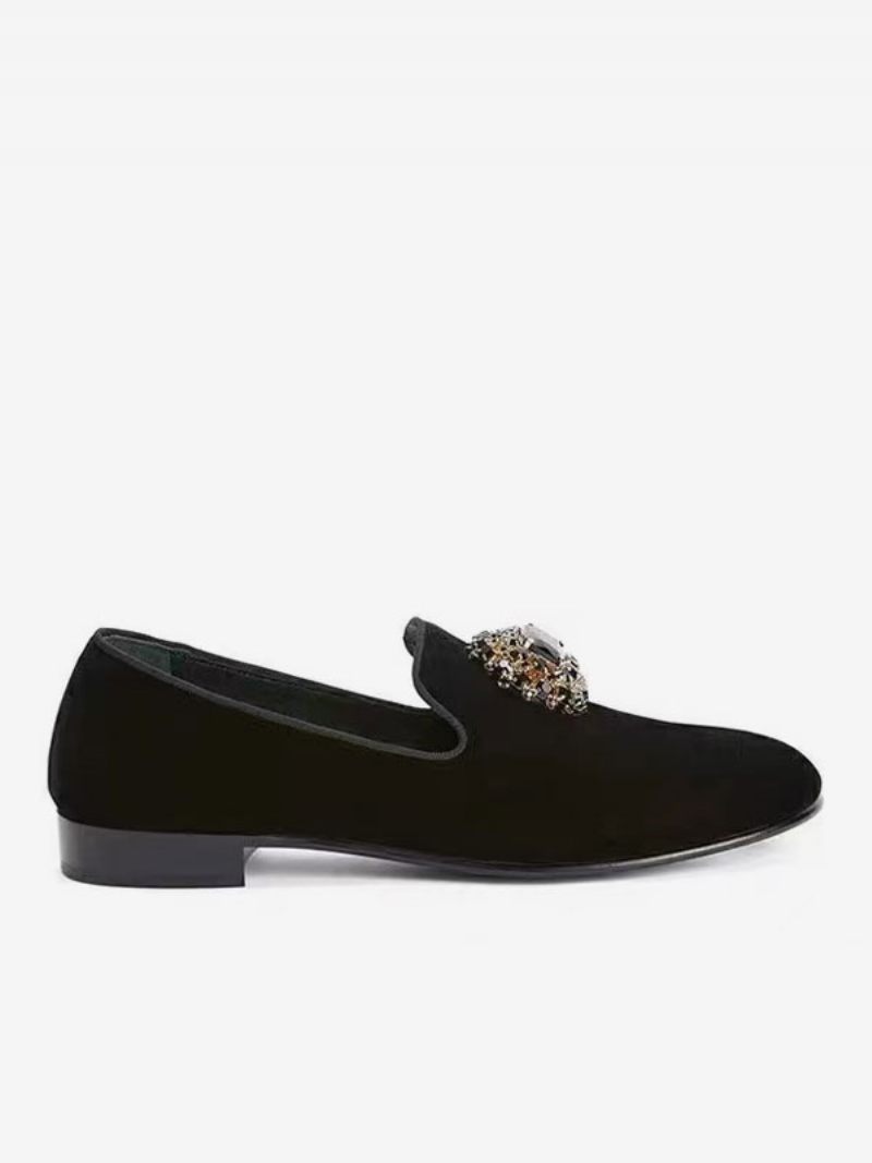 Mocassins Daim Pour Hommes Chaussures Habillées À Enfiler Ornées Strass Noirs Bal Promo Mariage - Noir