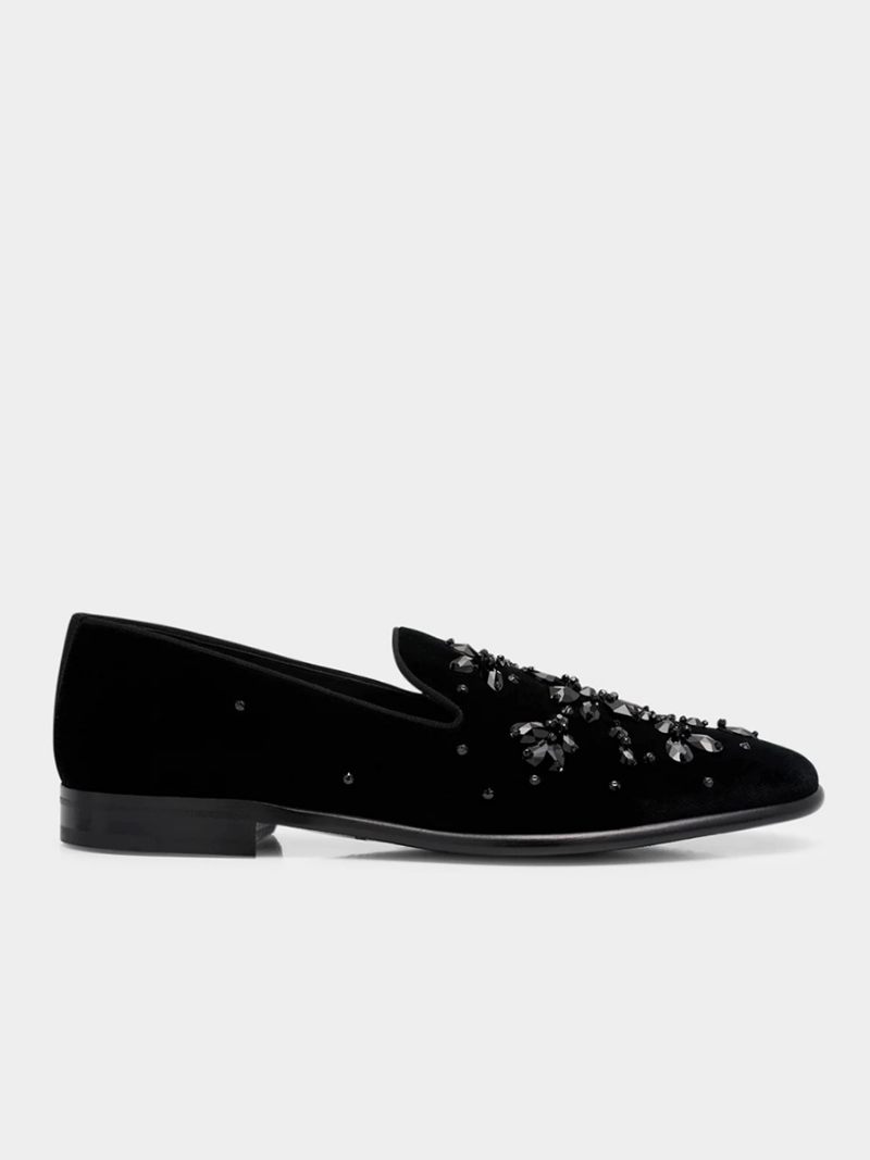 Mocassins À Enfiler Cuir Suédé Noir Bout Rond Et Strass Géométriques Pour Hommes - Noir