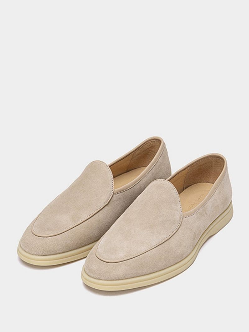 Mocassins À Enfiler Pour Hommes Chaussures Cuir Vache Bout Rond - Beige