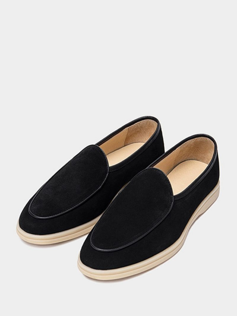 Mocassins À Enfiler Pour Hommes Chaussures Cuir Vache Bout Rond - Noir