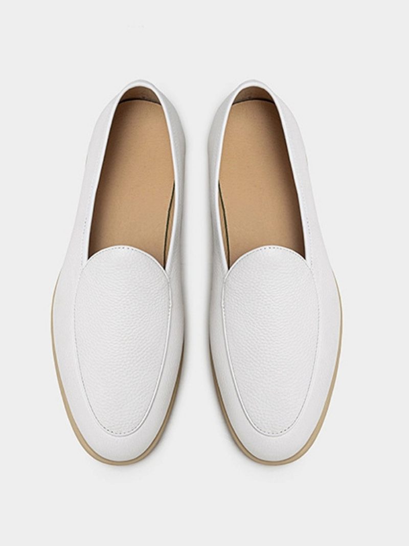 Mocassins À Enfiler Pour Hommes Chaussures Cuir Vache Bout Rond - Blanc