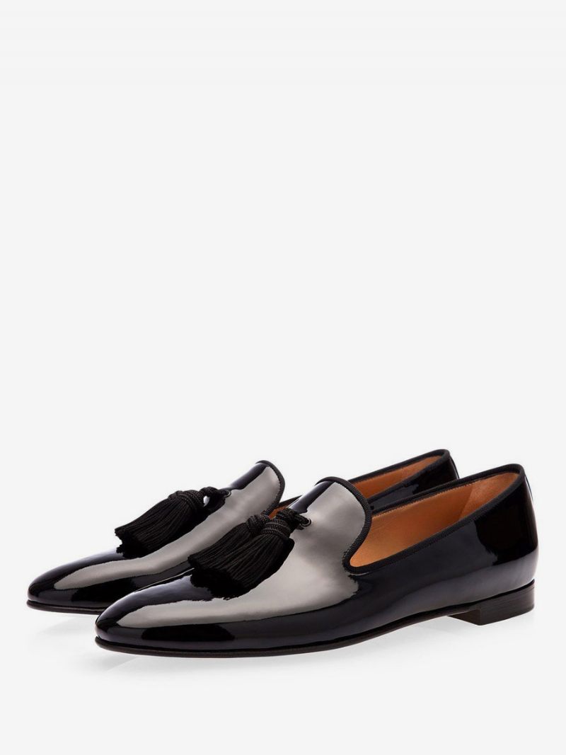 Mocassins Forme V À Pampilles Cuir Verni Pour Hommes Chaussures Mariage Noires Bal Promo