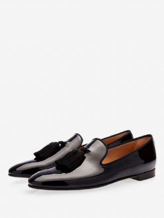 Mocassins Forme V À Pampilles Cuir Verni Pour Hommes Chaussures Mariage Noires Bal Promo