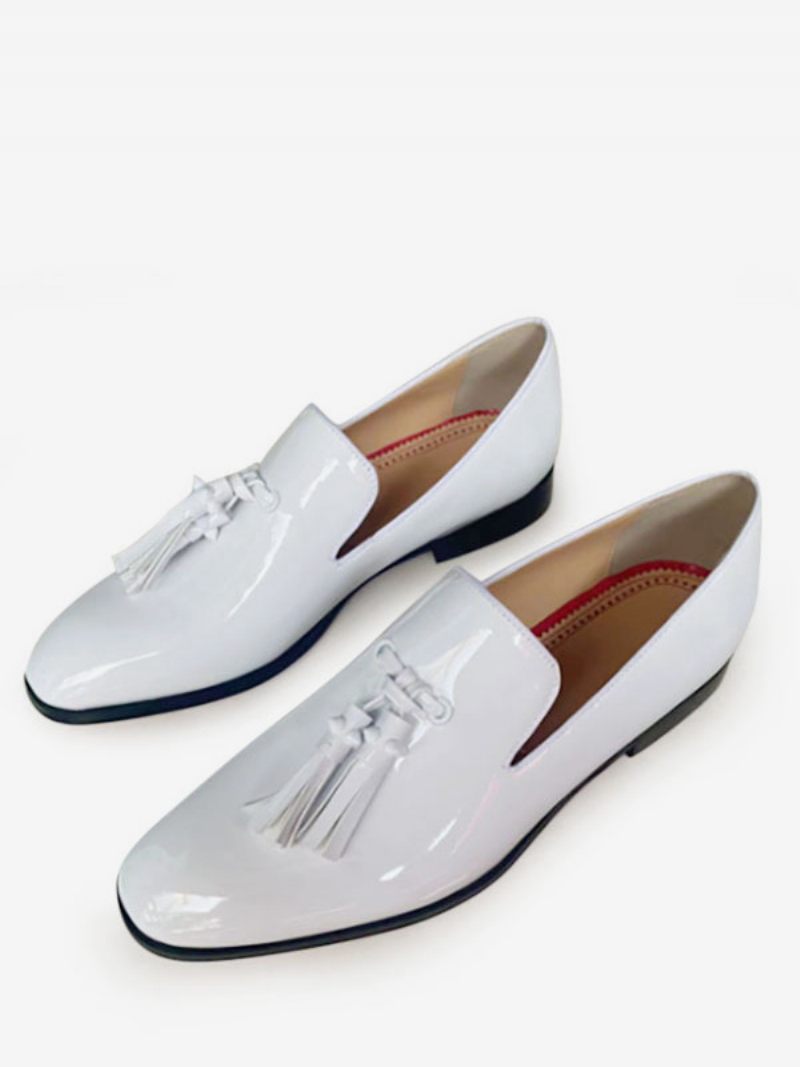 Mocassins Habillés Pour Hommes À Enfiler Avec Pompon Cuir Verni Bout Carré Chaussures Bal Promo Mariage - Blanc