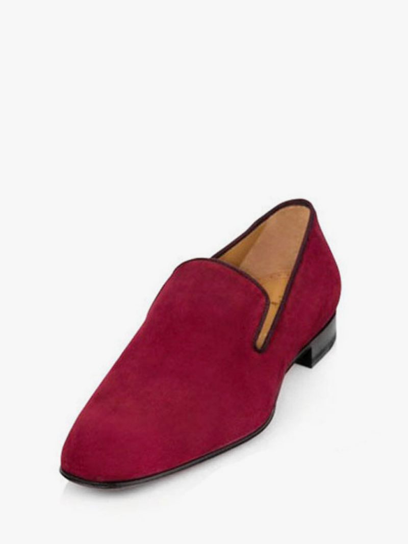 Mocassins Pour Hommes Chaussures Bal Mariage À Enfiler Bout Carré Cuir Suédé - Rouge Foncé