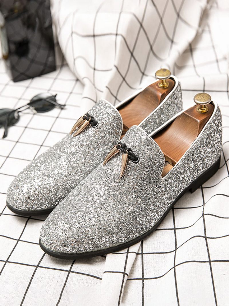 Mocassins Pour Hommes Chaussures Bal Promo Mariage À Paillettes Noires Enfiler Bout Rond - Argent