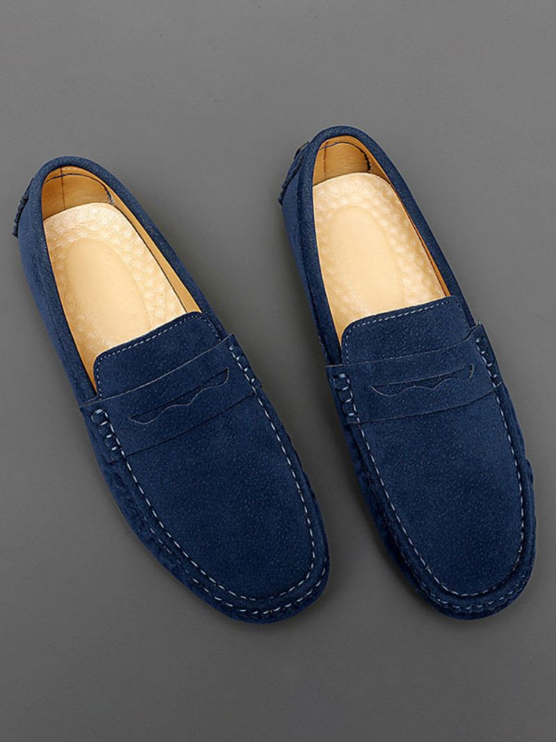 Mocassins Pour Hommes Chaussures Conduite À Bout Rond Et Enfiler - Bleu