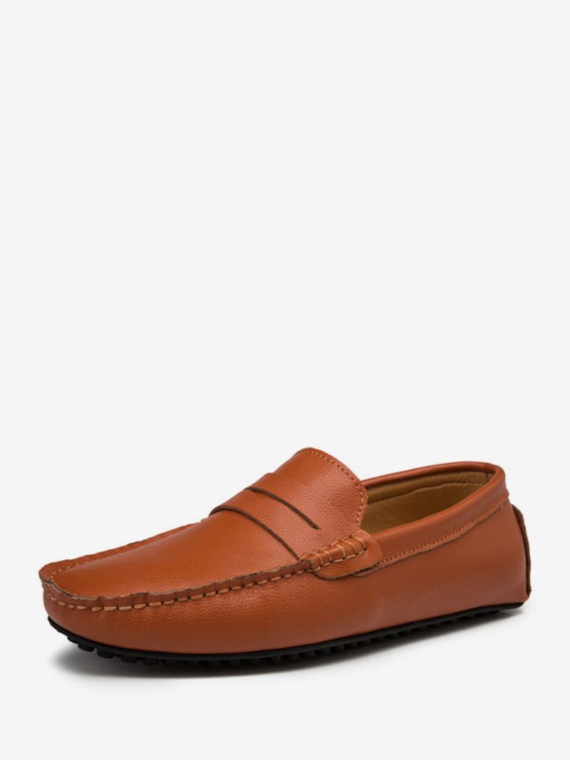 Mocassins Pour Hommes Chaussures Conduite Cuir Pu À Bout Rond Avec Sangle Moine Enfiler - Marron Café