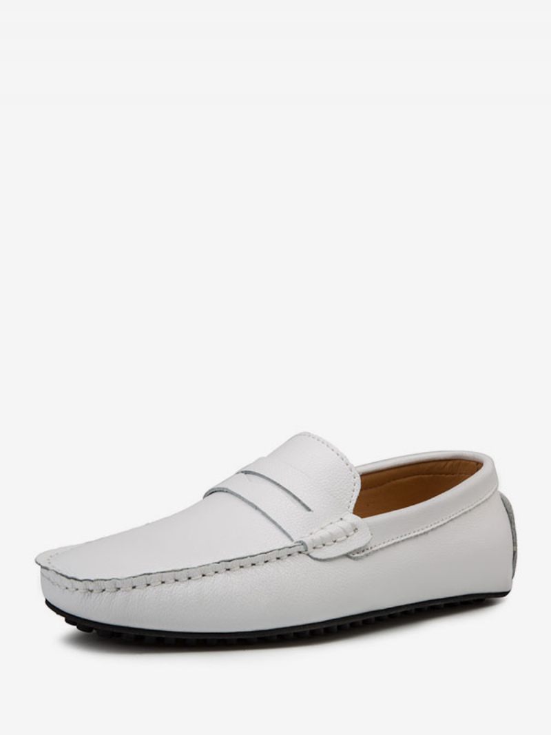 Mocassins Pour Hommes Chaussures Conduite Cuir Pu À Bout Rond Avec Sangle Moine Enfiler - Blanc