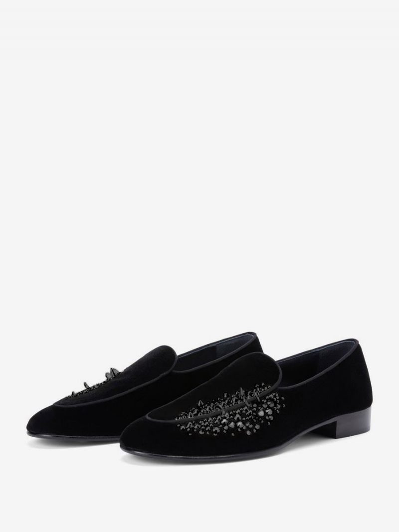 Mocassins Pour Hommes Chaussures À Enfiler Avec Strass Bout Rond Daim Bal Fin D'année Mariage - Noir