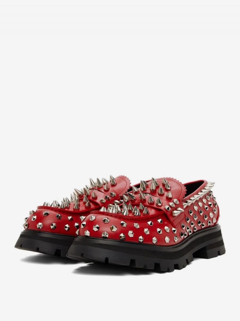 Mocassins Pour Hommes Chaussures À Enfiler Clous Faits La Main Rivets Pointes Œuvre D'art Bout Rond Bal Fête Et Mariage - Rouge Ture