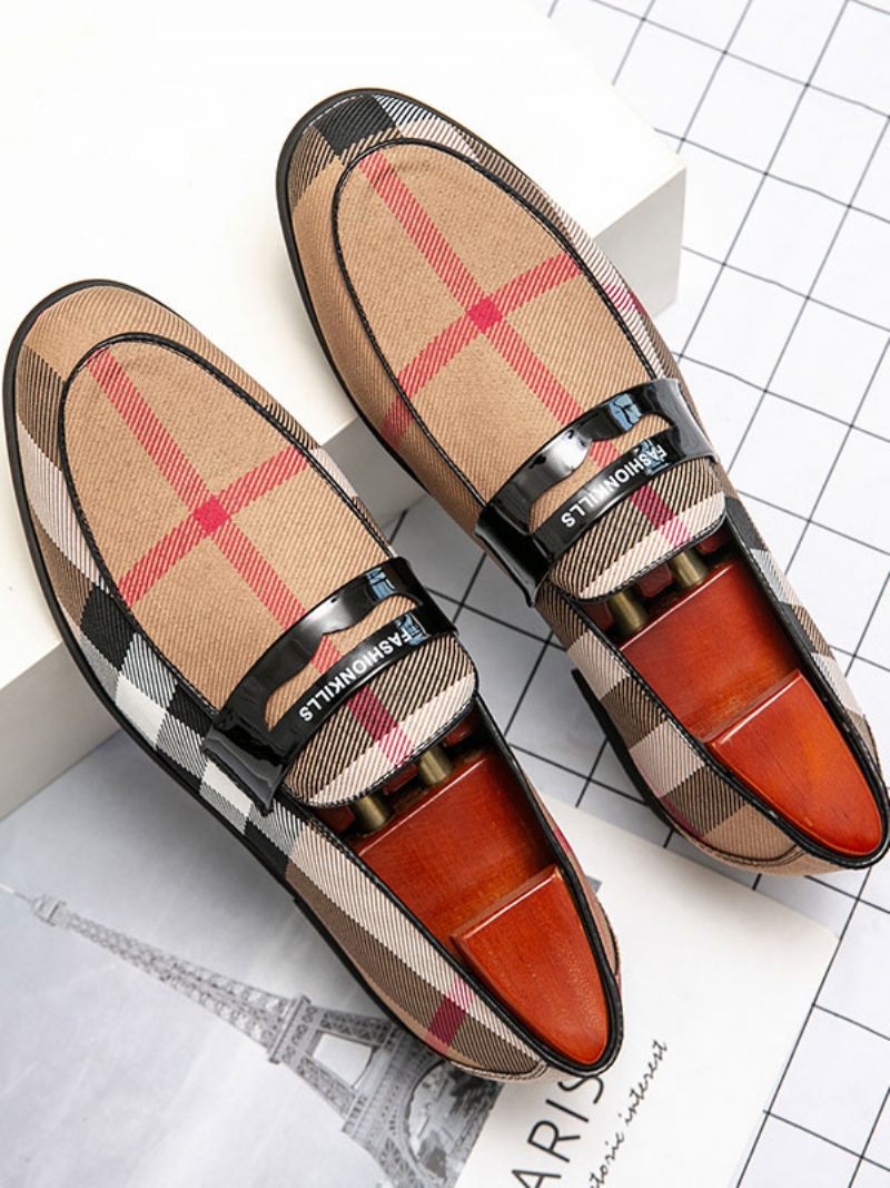 Mocassins Pour Hommes Chaussures Mariage Bal Populaire Cuir Pu Sangle Moine Plaid Slip-on Fête - Kaki