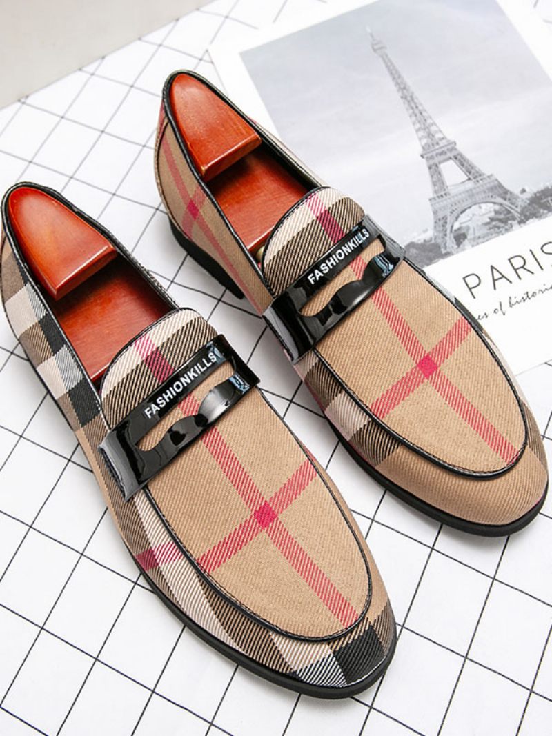 Mocassins Pour Hommes Chaussures Mariage Bal Populaire Cuir Pu Sangle Moine Plaid Slip-on Fête - Kaki