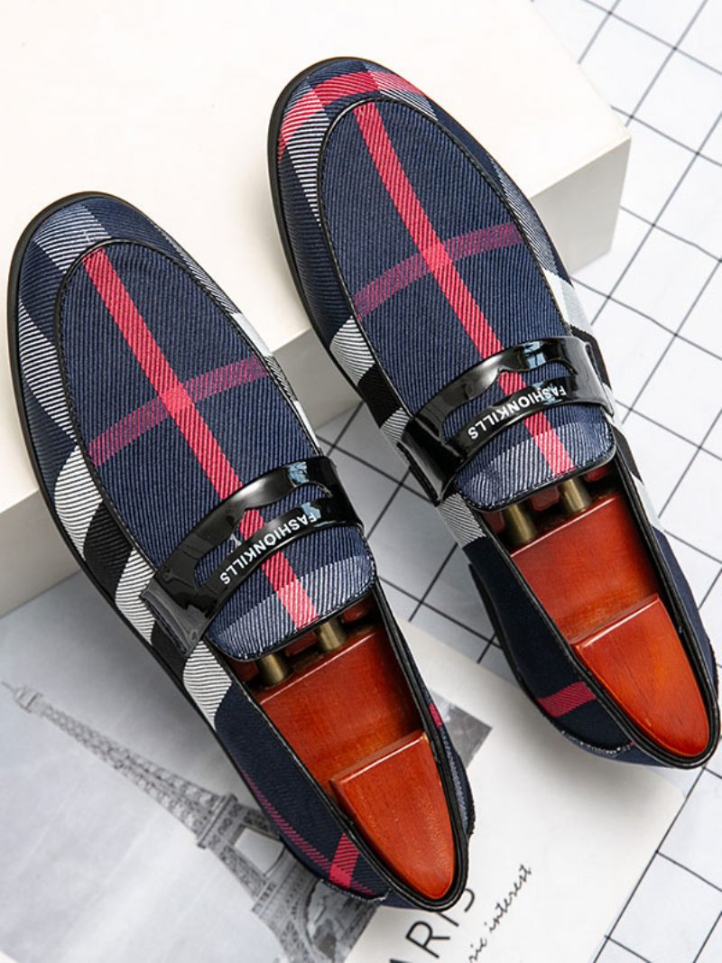 Mocassins Pour Hommes Chaussures Mariage Bal Populaire Cuir Pu Sangle Moine Plaid Slip-on Fête - Bleu