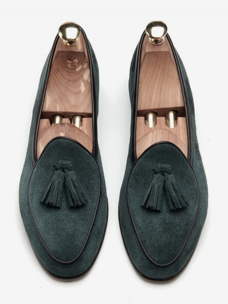 Mocassins Pour Hommes Cuir Vache À Enfiler Avec Pompon Chaussures Bal Mariage - Vert Foncé