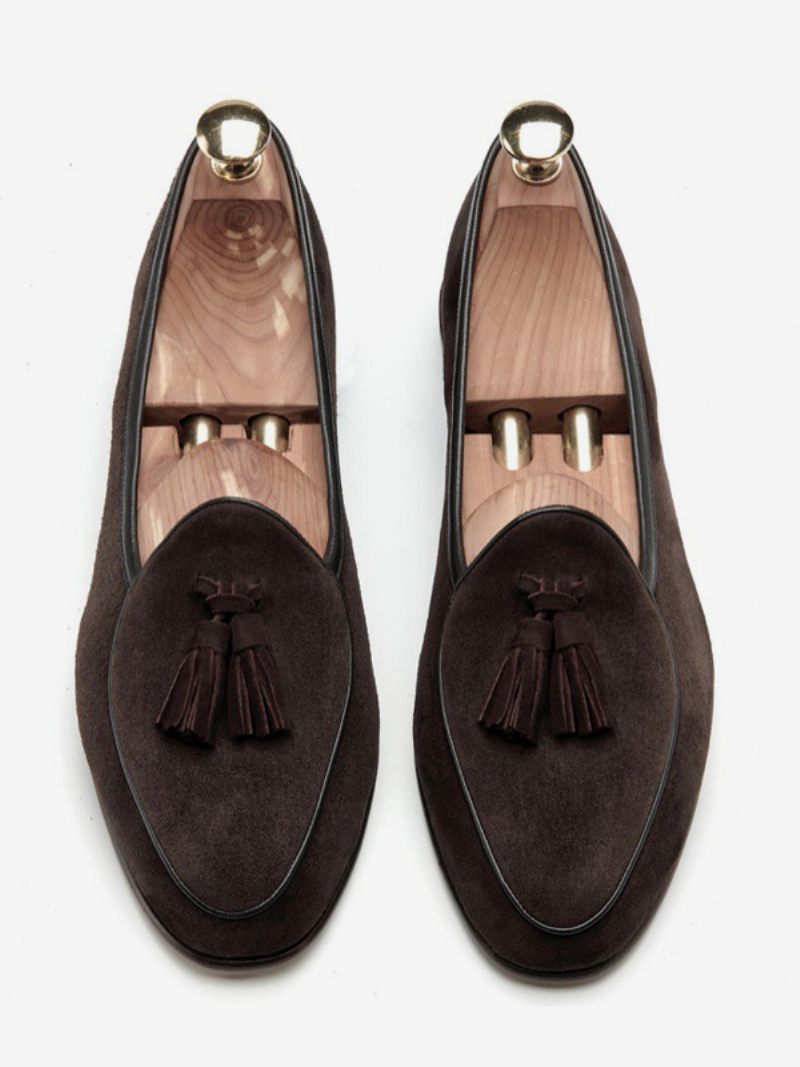 Mocassins Pour Hommes Cuir Vache À Enfiler Avec Pompon Chaussures Bal Mariage - Chocolat