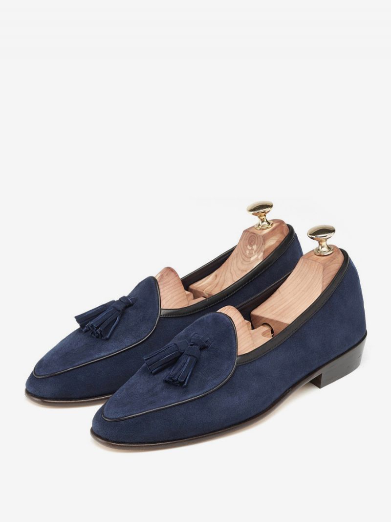 Mocassins Pour Hommes Cuir Vache À Enfiler Avec Pompon Chaussures Bal Mariage - Bleu Profond