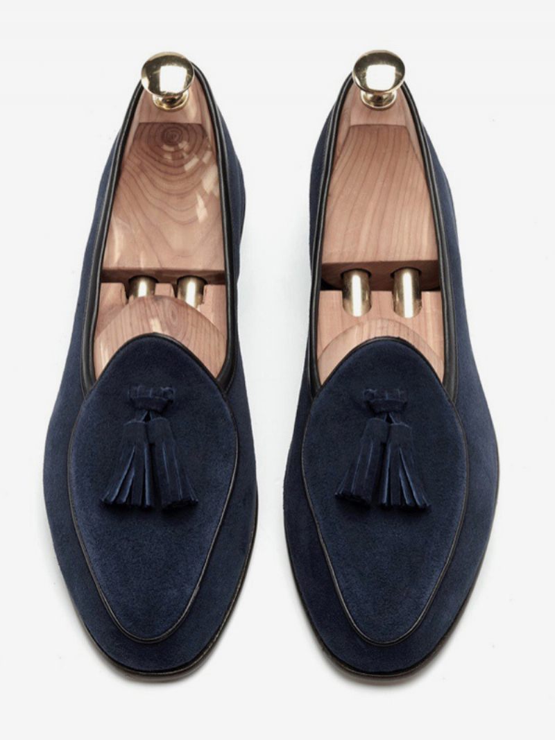 Mocassins Pour Hommes Cuir Vache À Enfiler Avec Pompon Chaussures Bal Mariage - Bleu Profond