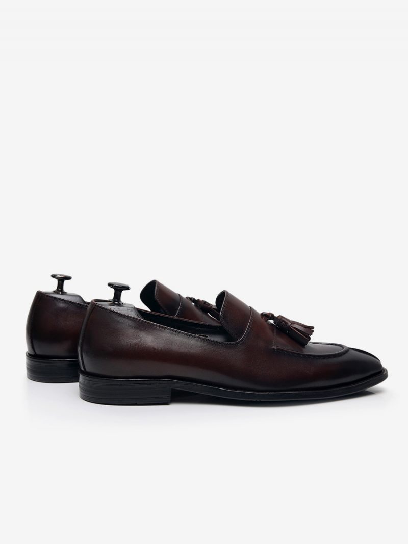 Mocassins Pour Hommes Cuir Vache À Enfiler Avec Pompon Chaussures Bal Mariage - Marron Café