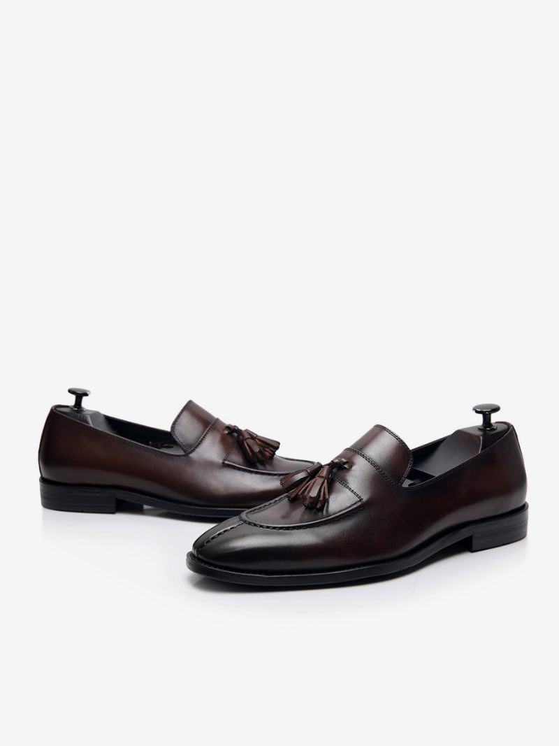 Mocassins Pour Hommes Cuir Vache À Enfiler Avec Pompon Chaussures Bal Mariage - Marron Café