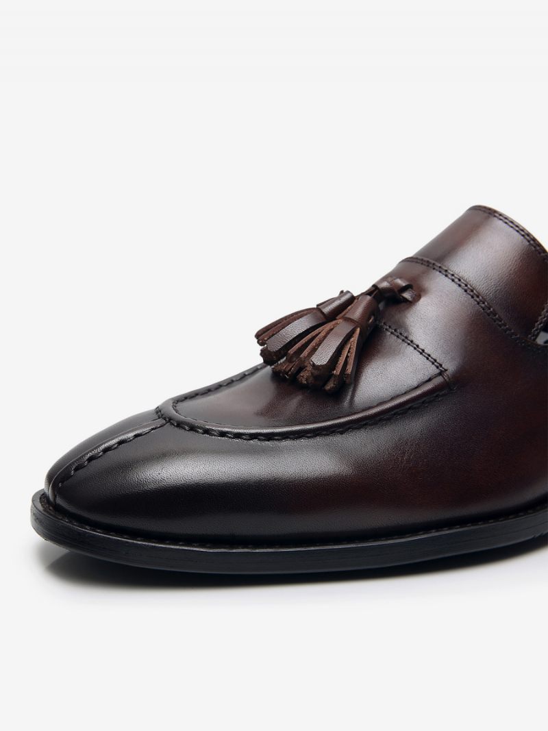 Mocassins Pour Hommes Cuir Vache À Enfiler Avec Pompon Chaussures Bal Mariage - Marron Café