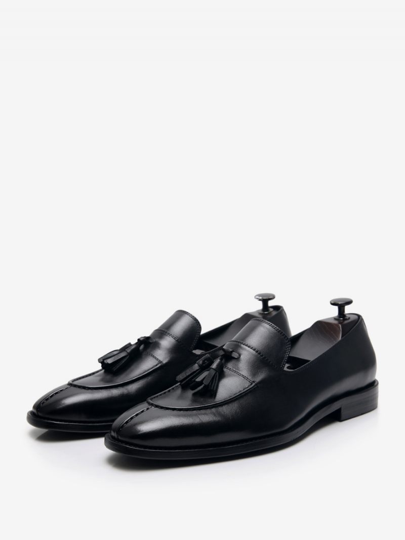 Mocassins Pour Hommes Cuir Vache À Enfiler Avec Pompon Chaussures Bal Mariage - Noir