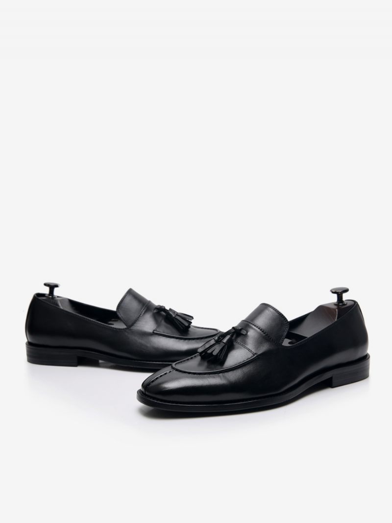 Mocassins Pour Hommes Cuir Vache À Enfiler Avec Pompon Chaussures Bal Mariage - Noir