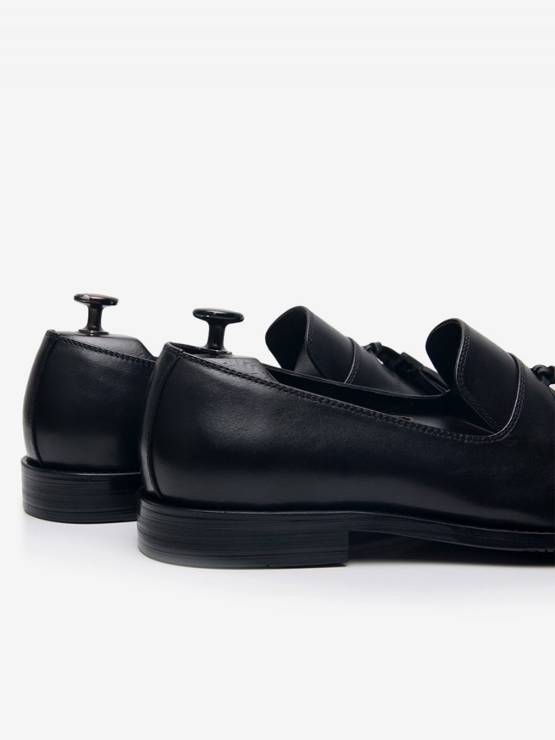 Mocassins Pour Hommes Cuir Vache À Enfiler Avec Pompon Chaussures Bal Mariage - Noir