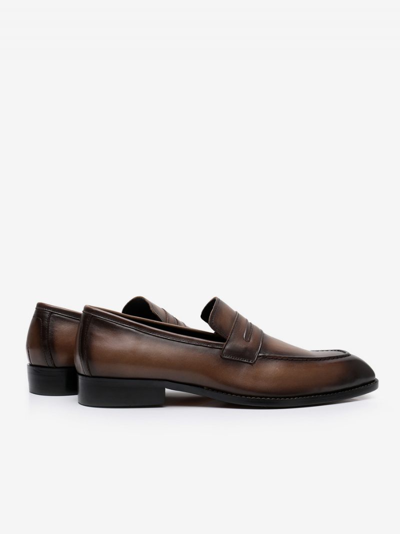 Mocassins Pour Hommes Cuir Vache À Enfiler Brwon Chaussures Mariage Bal - Café Brun