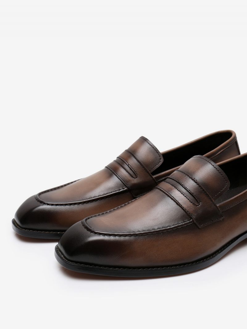 Mocassins Pour Hommes Cuir Vache À Enfiler Brwon Chaussures Mariage Bal - Café Brun