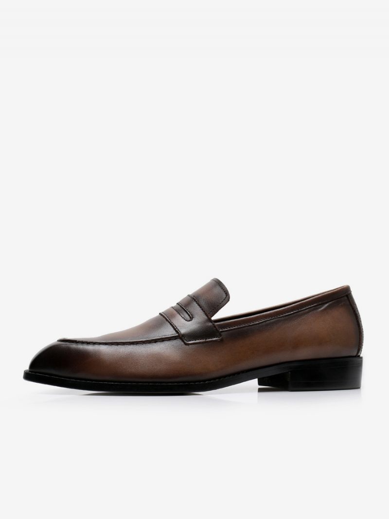 Mocassins Pour Hommes Cuir Vache À Enfiler Brwon Chaussures Mariage Bal - Café Brun