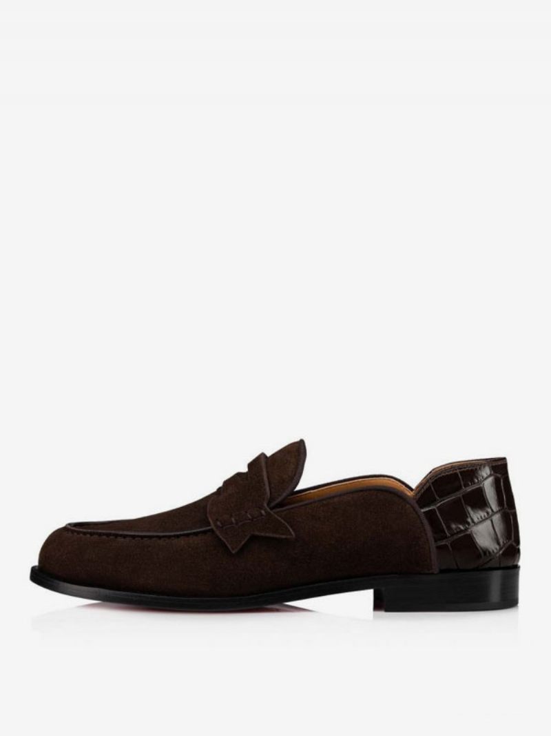 Mocassins Pour Hommes Daim Avec Boucle Cuir - Chaussures À Enfiler Bal Fin D'année Mariage - Marron Profond