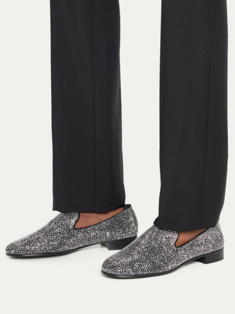 Mocassins Pour Hommes Daim Avec Strass Cristal Argenté Chaussures À Enfiler Bal Fin D'année Mariage