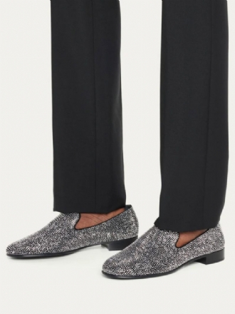 Mocassins Pour Hommes Daim Avec Strass Cristal Argenté Chaussures À Enfiler Bal Fin D'année Mariage