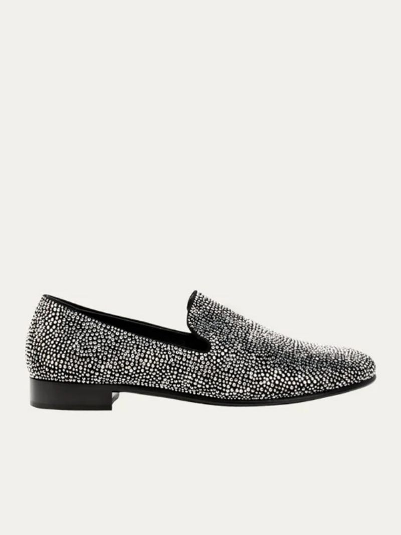 Mocassins Pour Hommes Daim Avec Strass Cristal Argenté Chaussures À Enfiler Bal Fin D'année Mariage - Noir