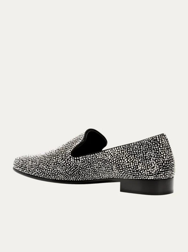 Mocassins Pour Hommes Daim Avec Strass Cristal Argenté Chaussures À Enfiler Bal Fin D'année Mariage - Noir