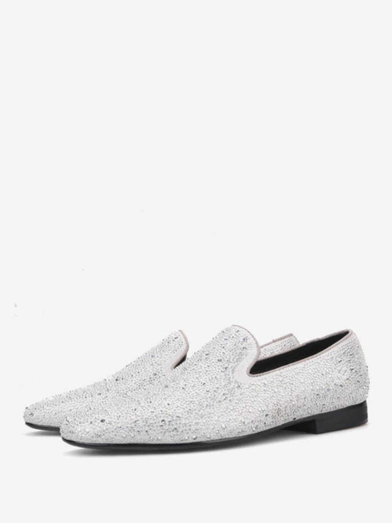 Mocassins Pour Hommes Daim Blanc Froid Avec Strass Cristal Chaussures À Enfiler Bal Fin D'année Mariage