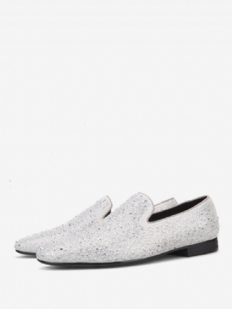 Mocassins Pour Hommes Daim Blanc Froid Avec Strass Cristal Chaussures À Enfiler Bal Fin D'année Mariage