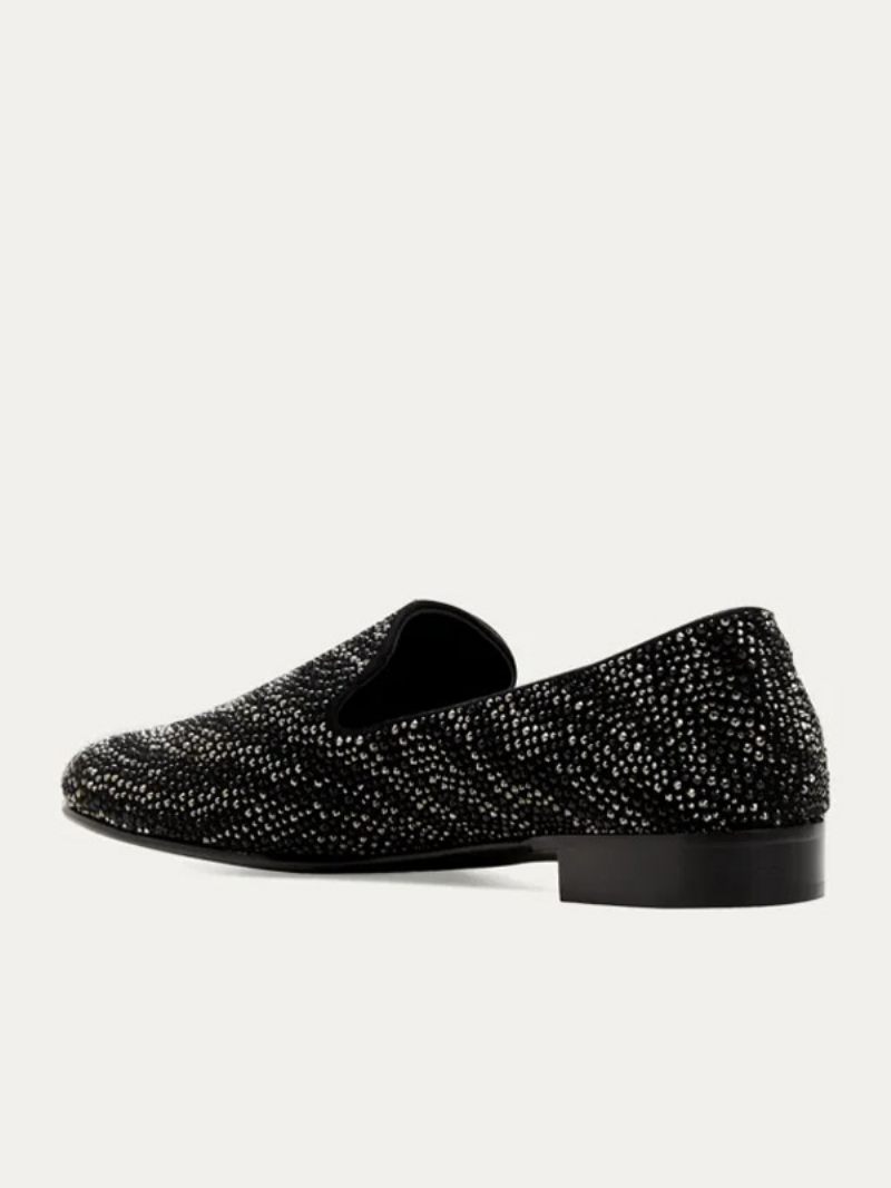 Mocassins Pour Hommes Daim Noir Avec Strass Cristal Chaussures À Enfiler Bal Fin D'année Mariage - Noir