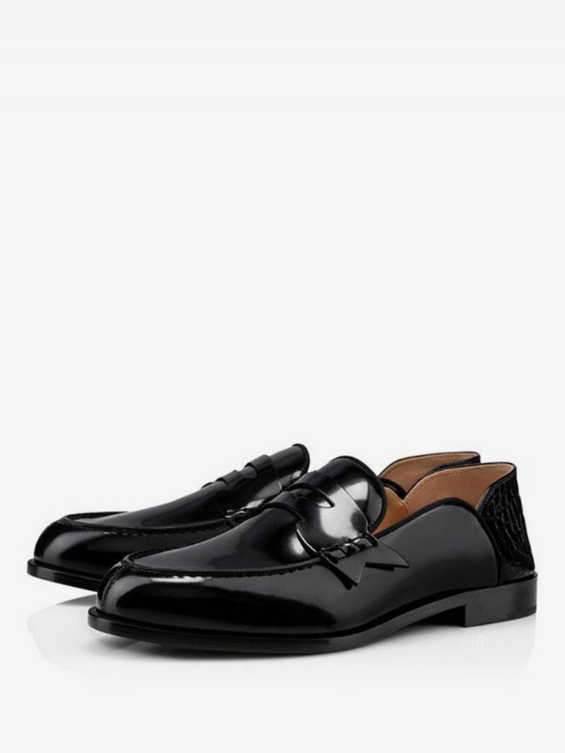 Mocassins Pour Hommes À Enfiler Avec Détails Métal Chaussures Bout Rond Cuir Verni Bal Fin D'année Mariage - Noir