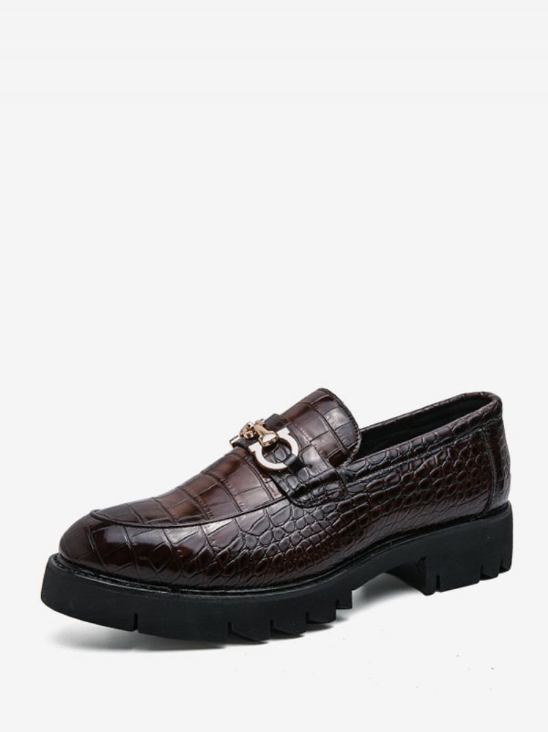 Mocassins Pour Hommes À Enfiler Avec Détails Métal Imprimé Serpent Bout Rond Cuir Pu - Marron Café