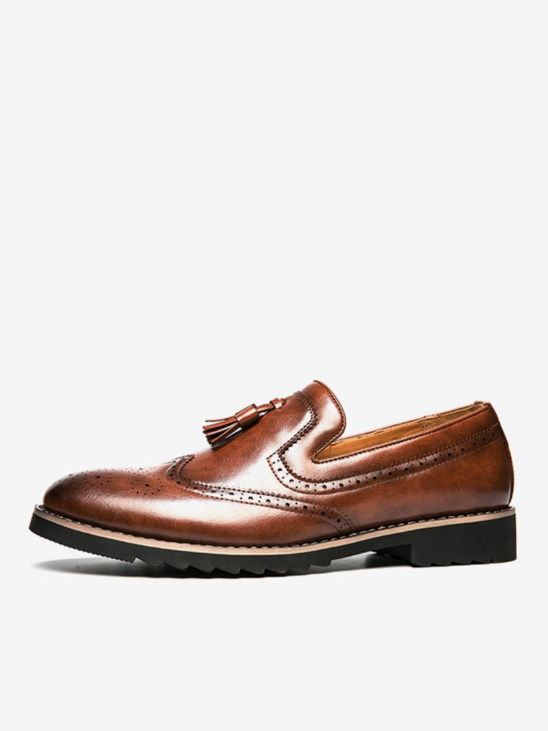 Mocassins Pour Hommes À Enfiler Avec Pompons Et Bout Rond Cuir Pu - Marron Café