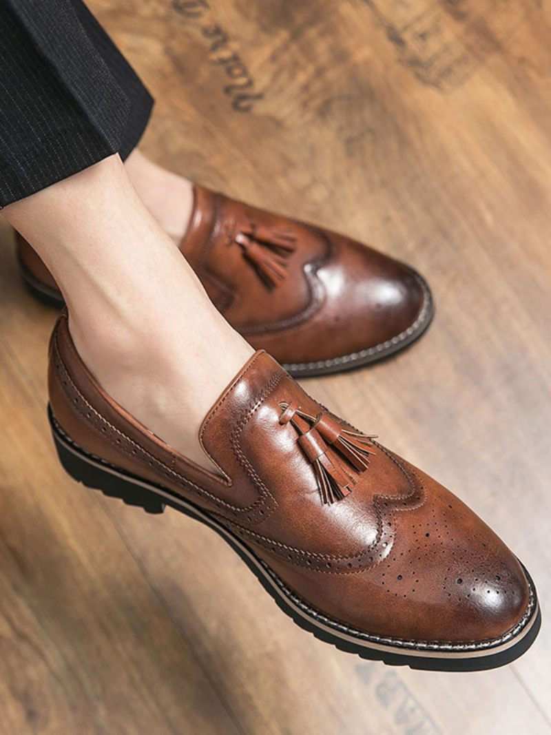 Mocassins Pour Hommes À Enfiler Avec Pompons Et Bout Rond Cuir Pu - Marron Café